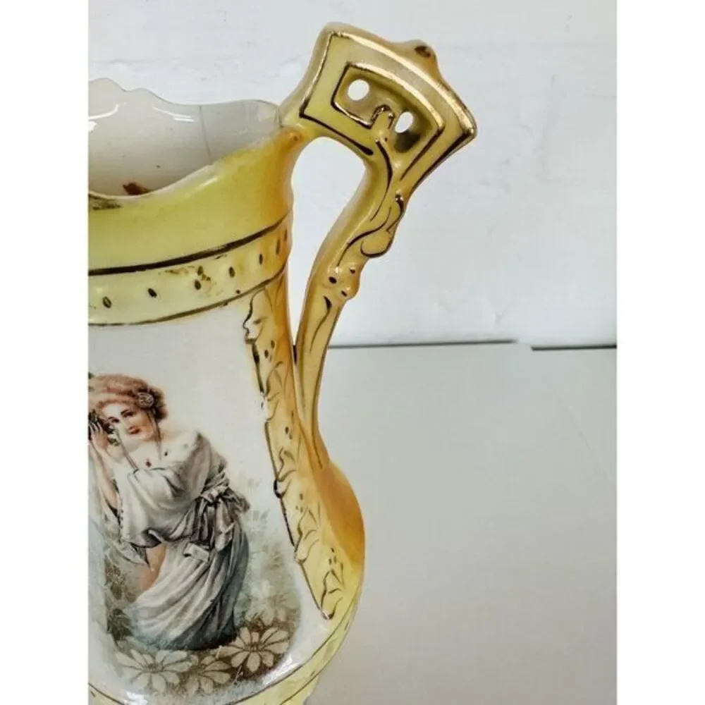 Vintage Porcelain Pitcher Transferware & Hand Painted‎ Woman Floral 8.5